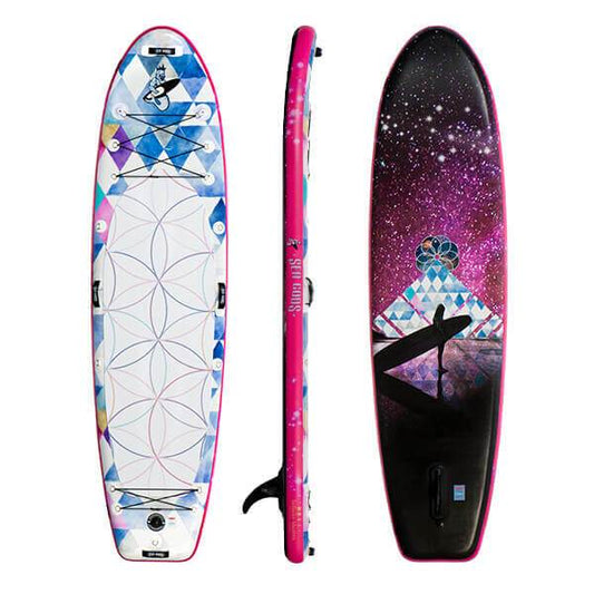 Yoga Paddle Board | Infinite Mantra11 Yoga iSUP by SeaGods Canada (front, side,  and rear views)