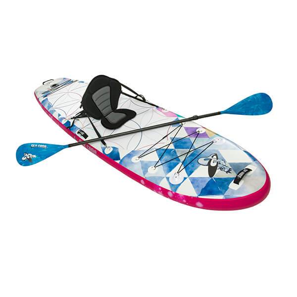 Infinite Mantra 2021 yoga iSUP with kayak seat attachment and 3 piece carbon fiber paddle.